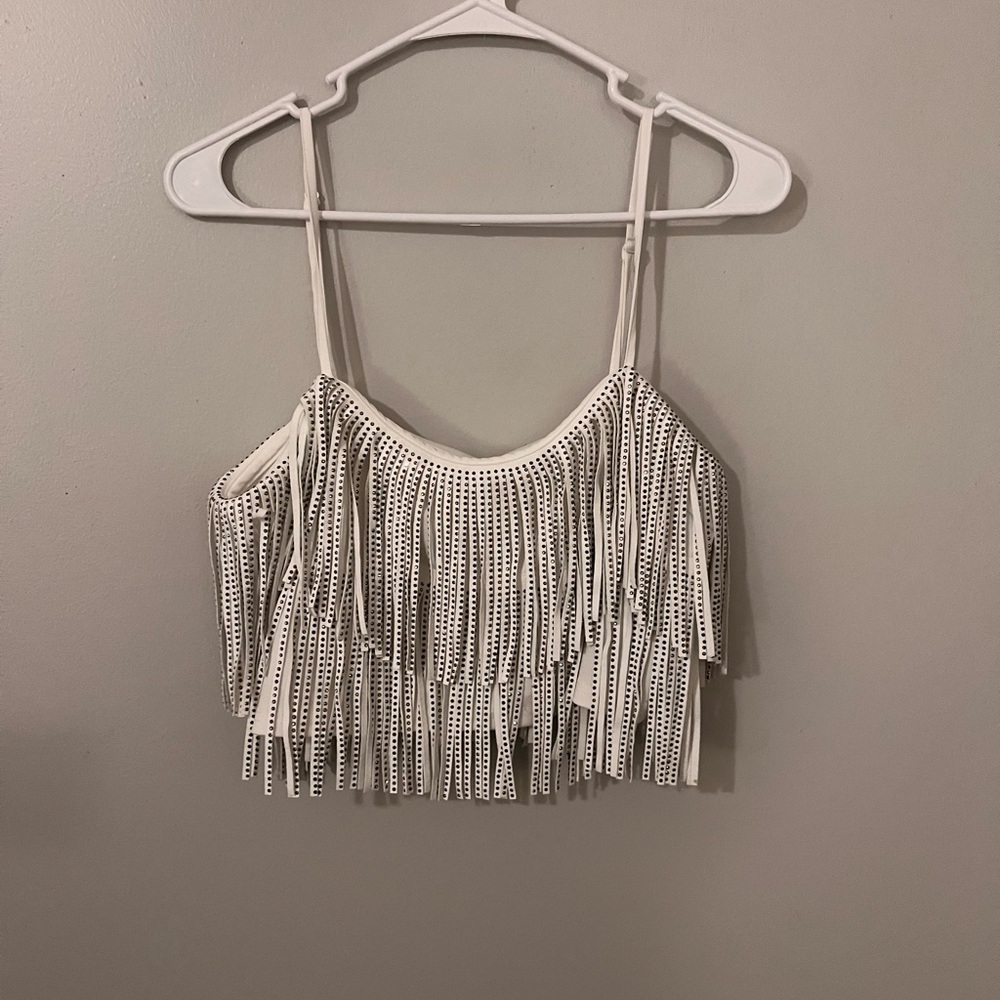 White rhinestone fringe crop top